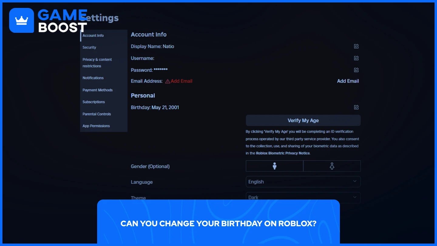 une image des paramètres d'informations du compte Roblox