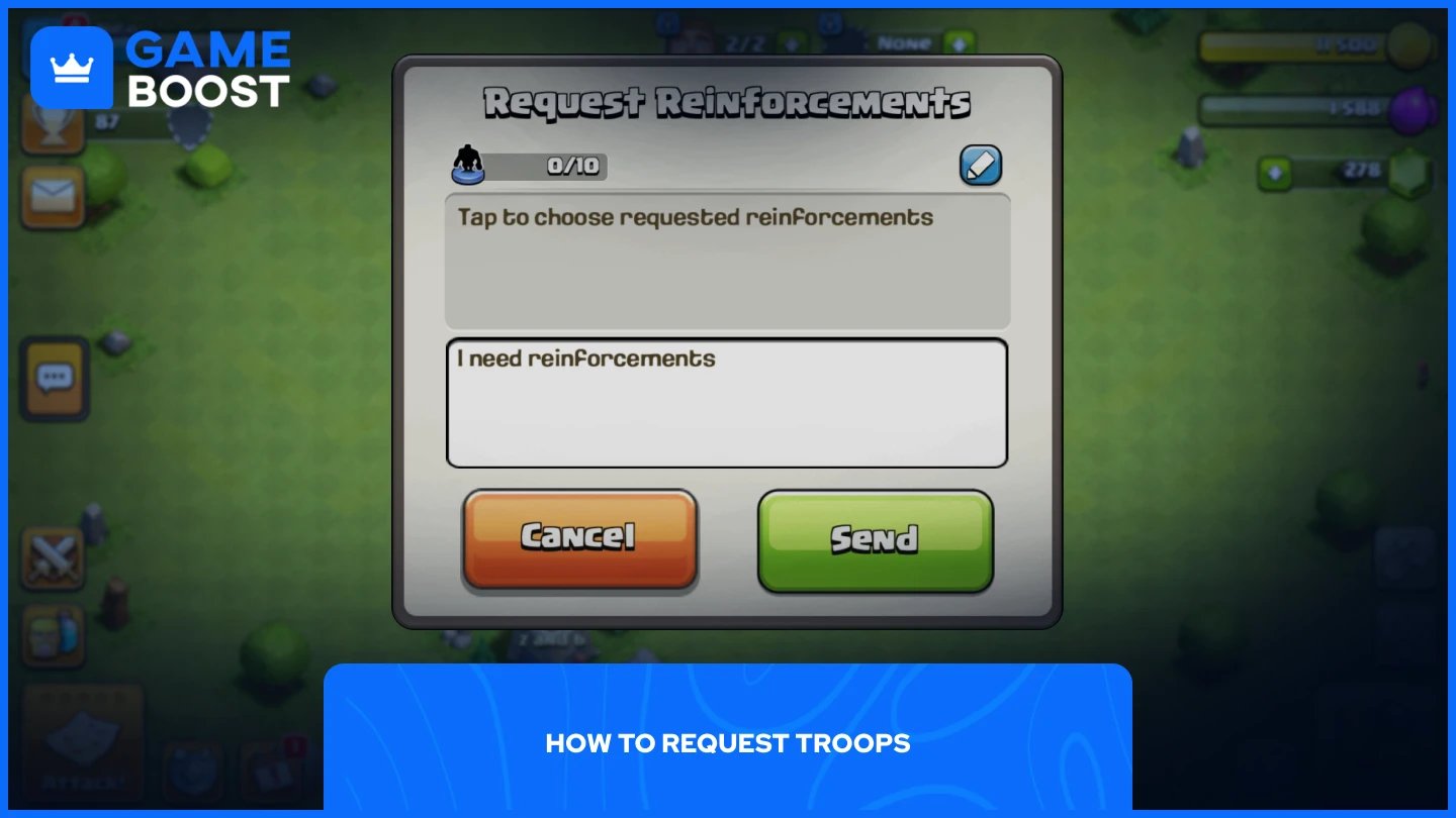 una imagen del aviso de solicitud de tropas en Clash of Clans