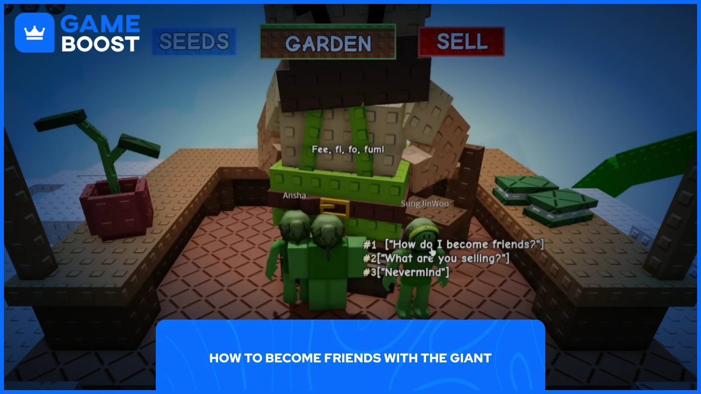 un'immagine di un giocatore che parla con il gigante in Grow a Garden