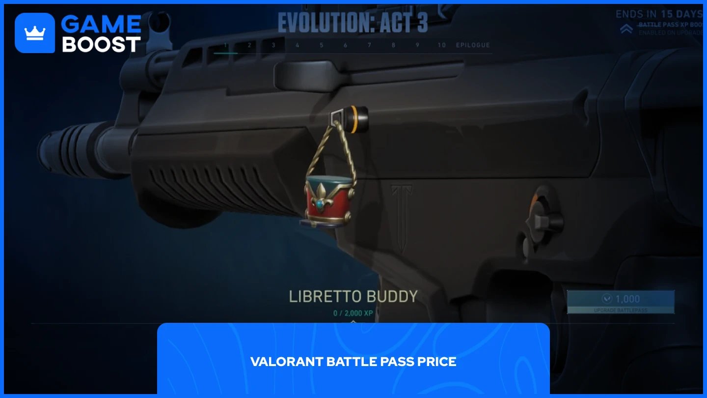 en bild av ett Valorant battle pass med en gun buddy