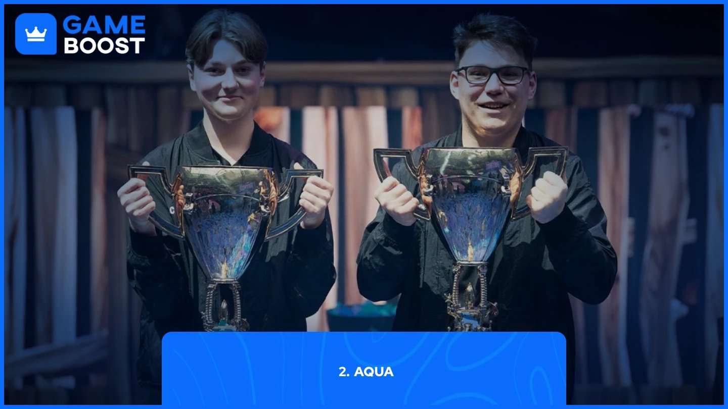 una imagen de Aqua ganando una copa de Fortnite
