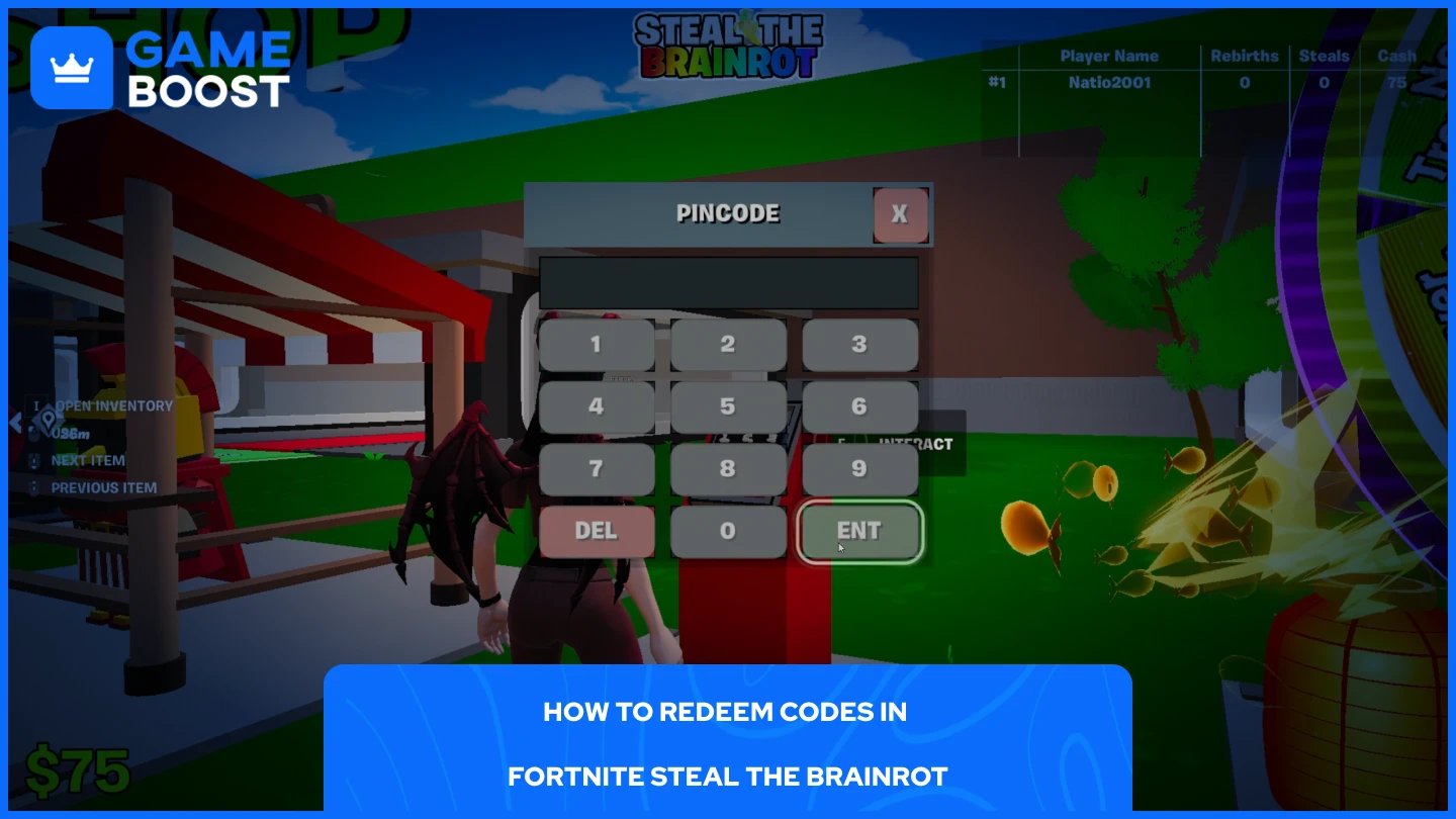a picture of a player redeeming codes in steal the brainrot fortnite