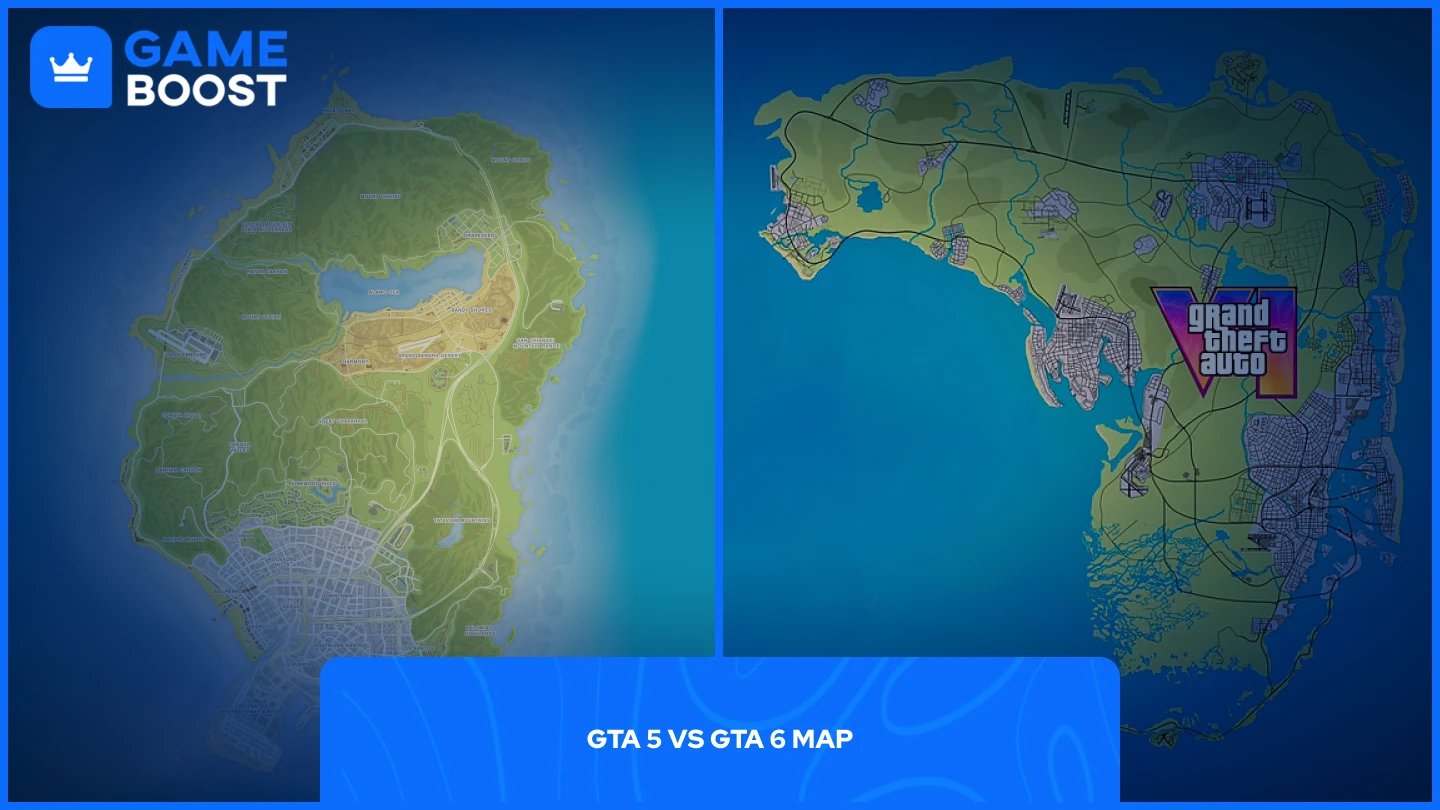 una imagen del mapa de gta 5 vs el mapa de gta 6 uno al lado del otro