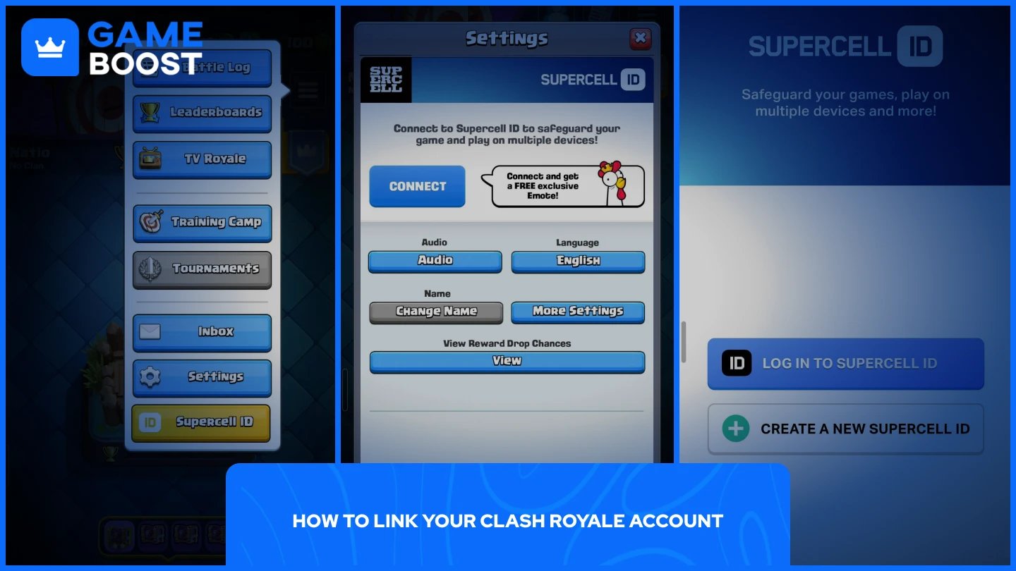 ภาพของขั้นตอนการเชื่อมโยงบัญชีของคุณใน Clash Royale