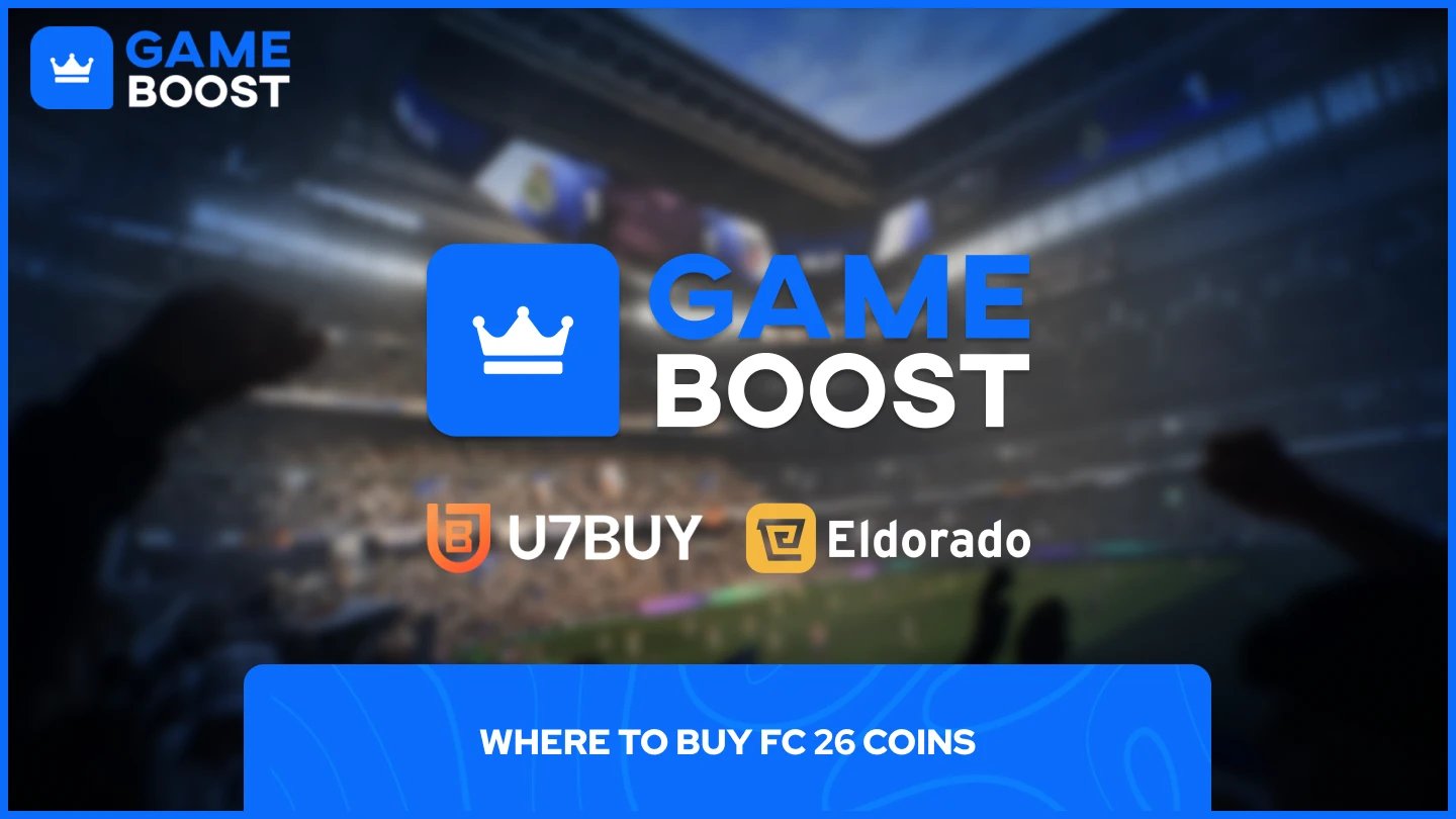 un'immagine del campo di fc 26 con i loghi di gameboost, u7buy ed eldorado
