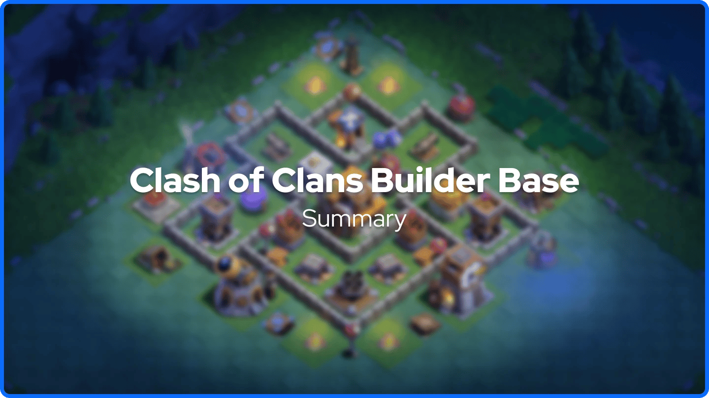 Clash of Clans Builder Base i bakgrunnen med oppsummeringstekst i forgrunnen