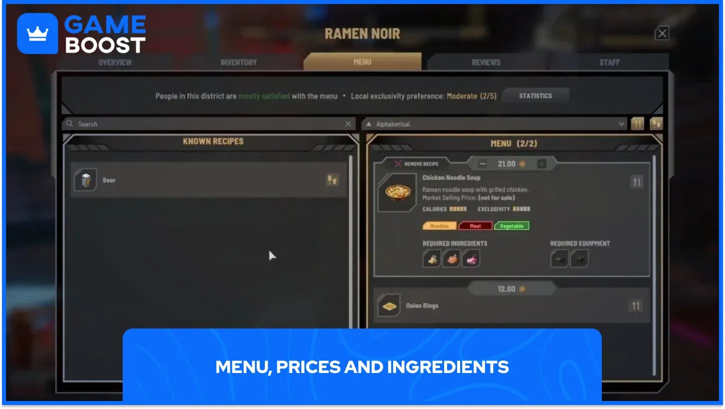 Menu, Prices and Ingredients