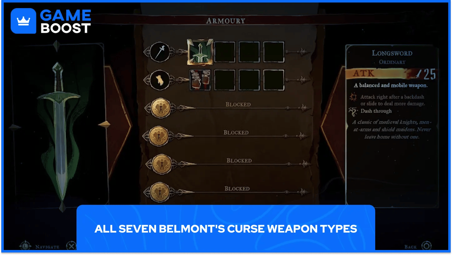 All Seven Belmont's Curse Weapon Types
