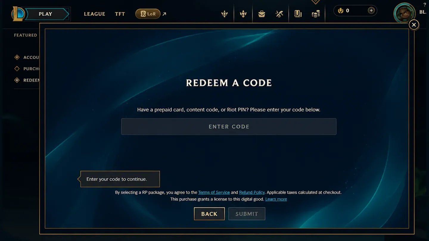 Menu des codes d’activation de League of Legends