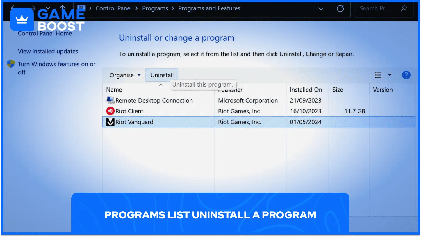 disinstallare un programma: Riot Vanguard