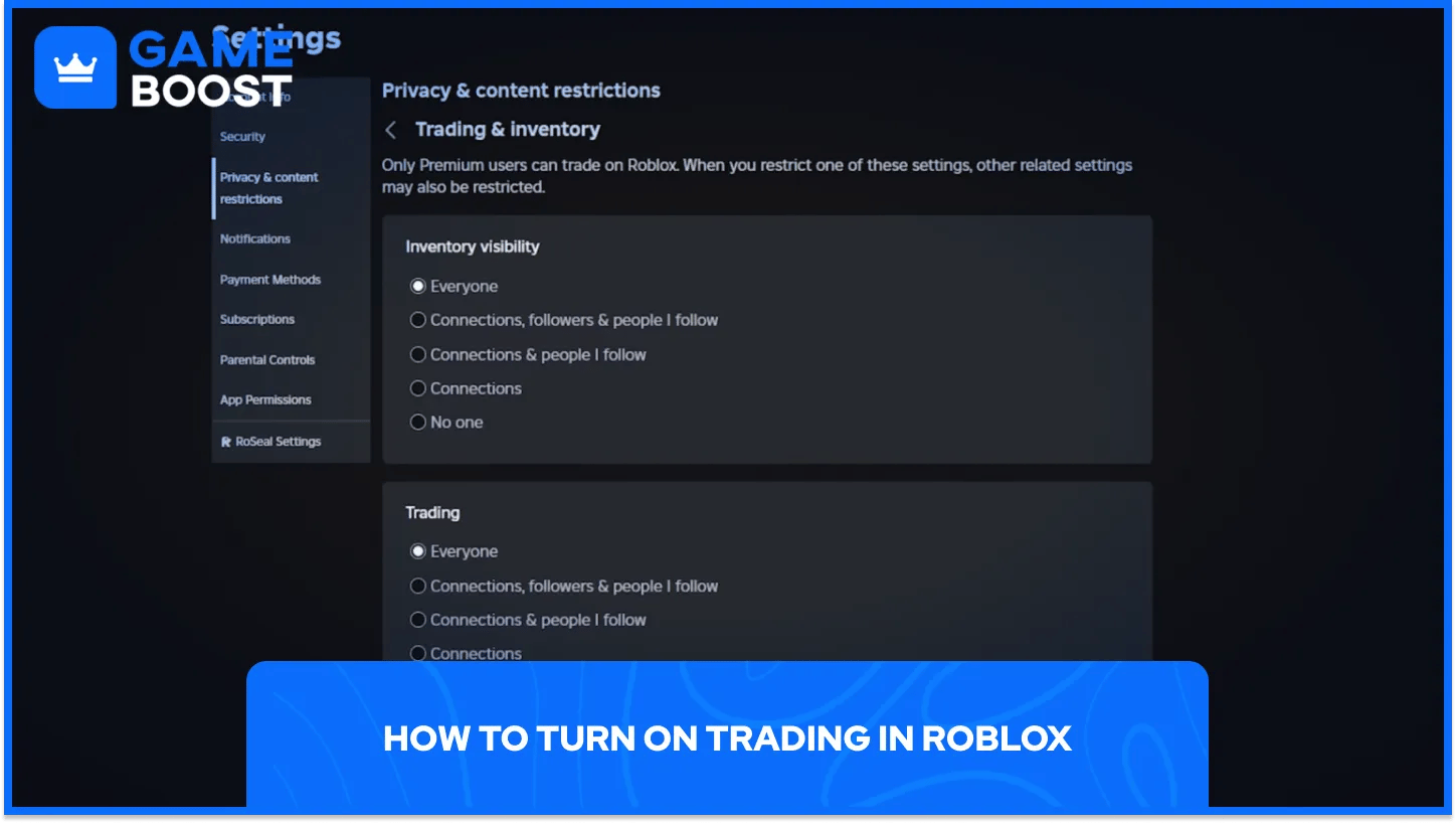 Aktivera Roblox-handel i sekretessinställningarna