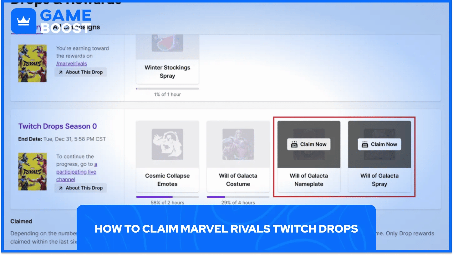 Page de récupération des récompenses Twitch de Marvel Rivals