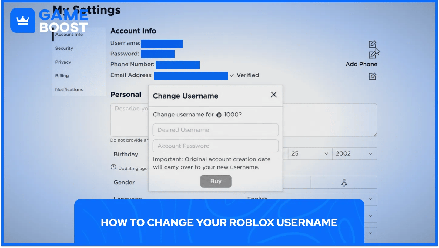 Roblox-käyttäjänimen vaihtamisikkuna