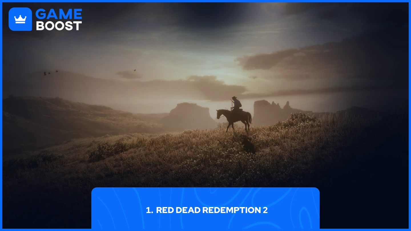 Arthur Morgan riding his horse on sunset