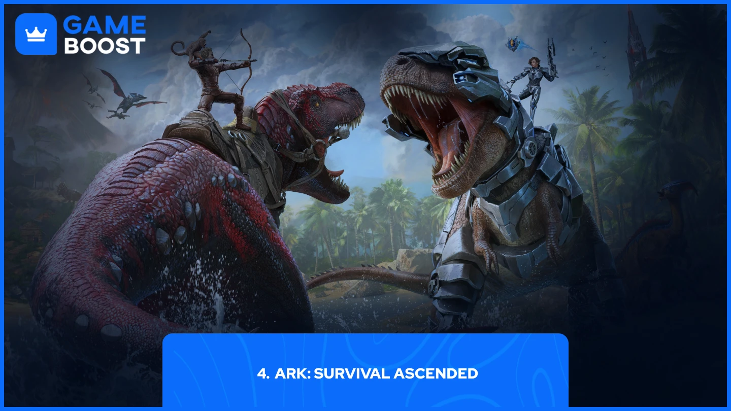 a picture of ARK Survival for two dinosaurs fighting