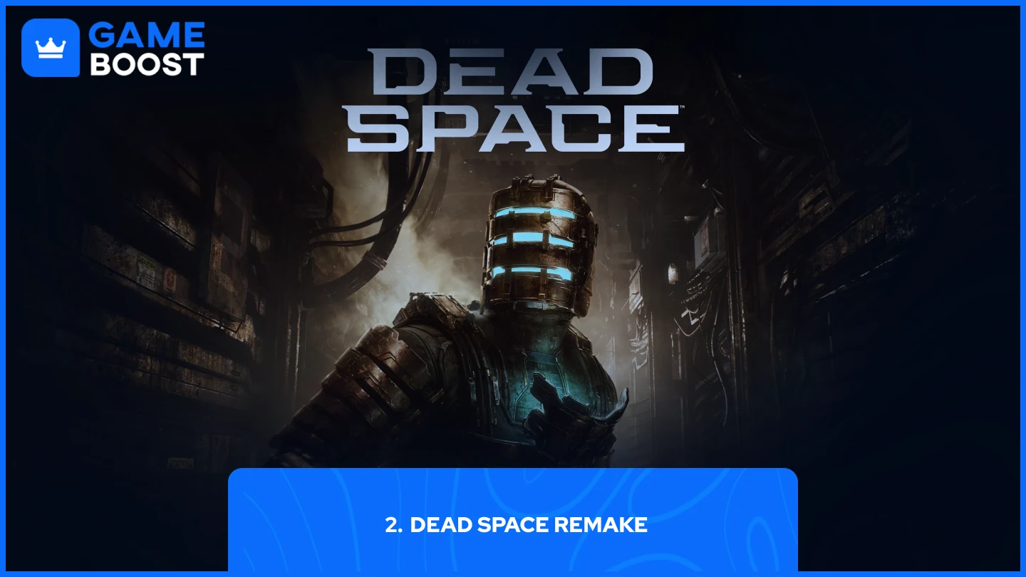 Dead Space Isaac Clarke in his iconic engineering suit with glowing blue helmet lights.