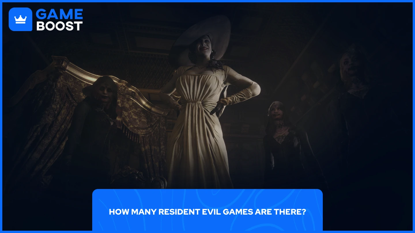 Resident Evil 7 Lady Dimitrescu standing confidently in a luxurious, dimly lit room, flanked by her three daughters.