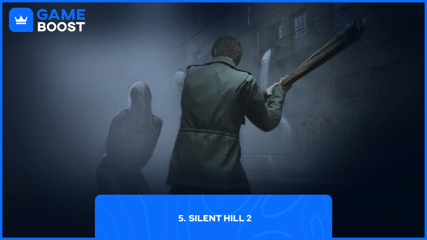 a picture showing protagonist James Sunderland from behind about to beat a disturbing humanoid creature in a fog-covered alley.
