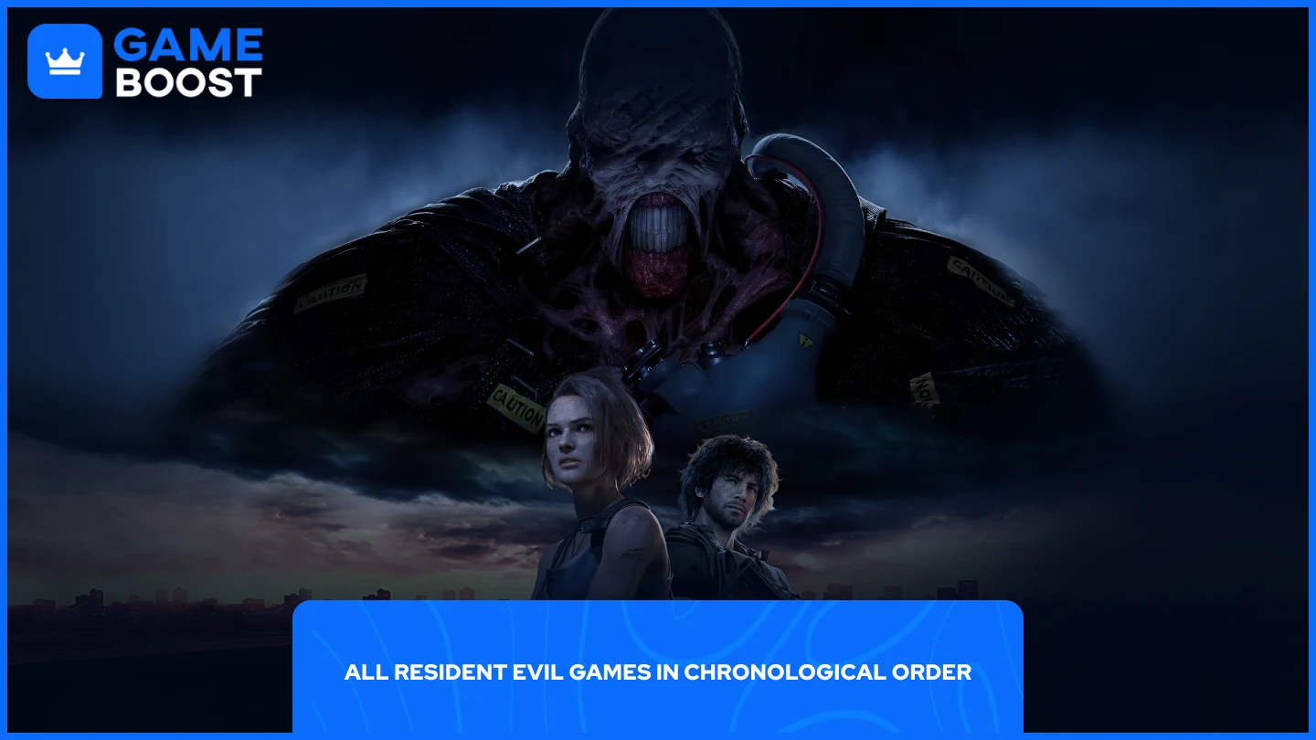 Resident evil 3 featuring Nemesis towering in the background with Jill Valentine and Carlos Oliveira in the foreground.
