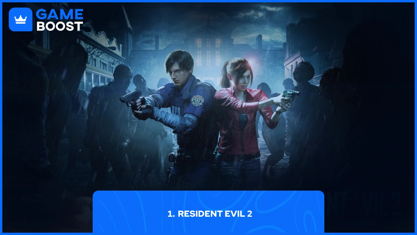 resident evil 2 protagonists Leon S. Kennedy and Claire Redfield standing back-to-back