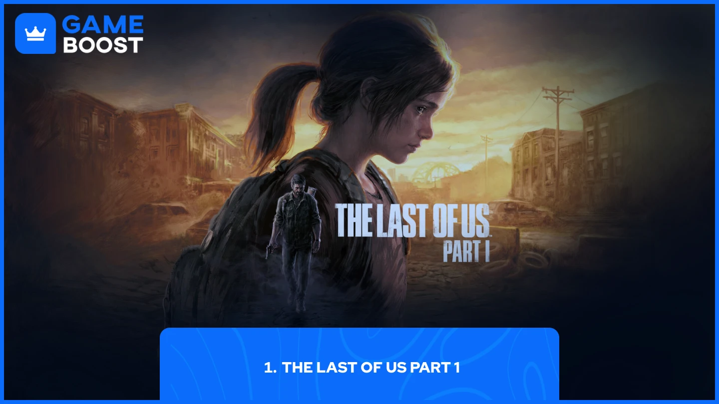 a picture of The Last of Us Part I, showing a close-up of Ellie looking somber against a post-apocalyptic urban backdrop