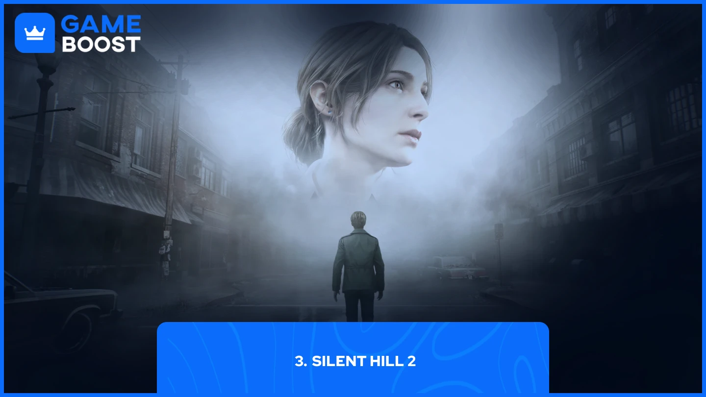a picture showing the back of protagonist James Sunderland walking through a fog-covered street in the eerie town of Silent Hill.