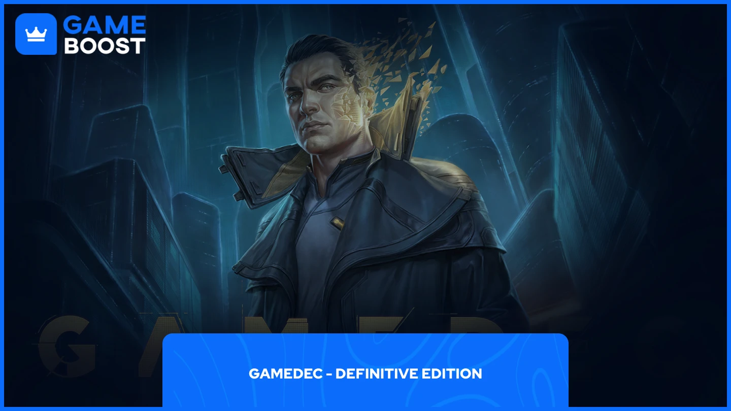 a picture of GameDec featuring a cyberpunk detective in a futuristic cityscape with a pixelated effect on his head and shoulder.