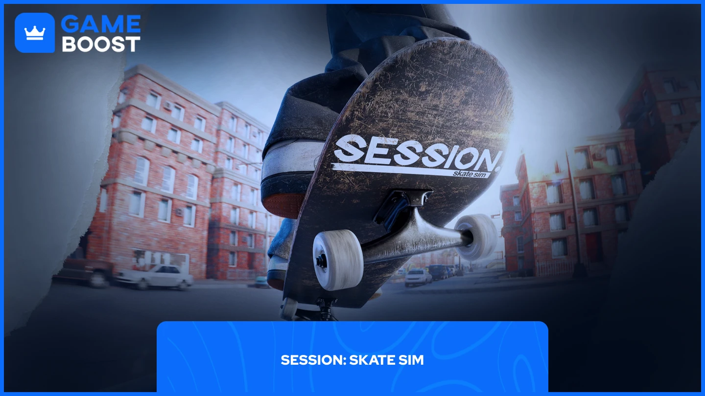 a picture of Session: Skate Sim showing a low-angle view of a skateboarder mid-trick in an urban environment.