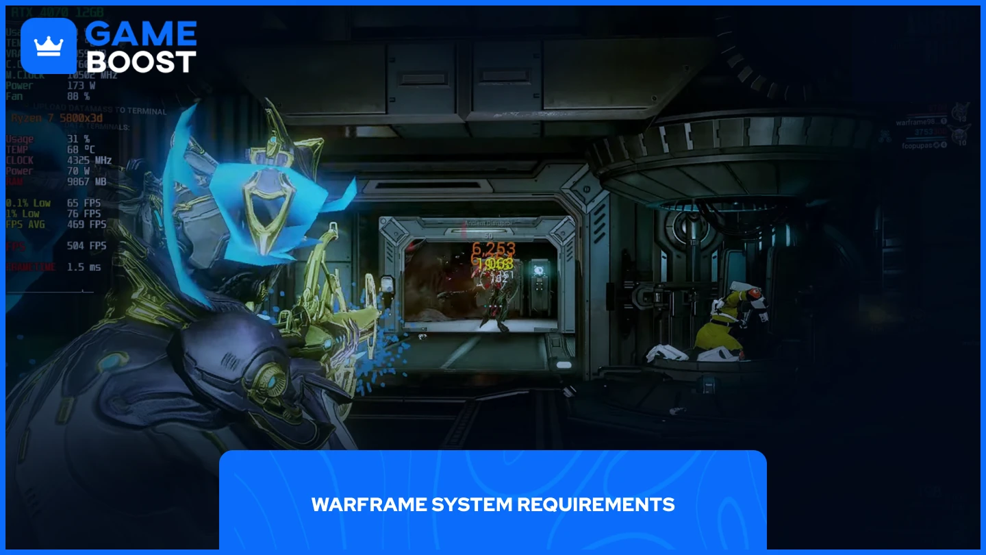 Warframe gameplay with system stats on screen