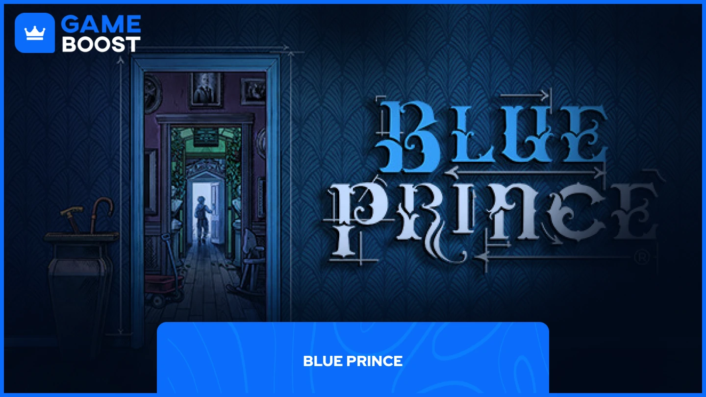 Blue Prince featuring a mysterious hallway scene with a person walking through a sequence of elaborately decorated rooms