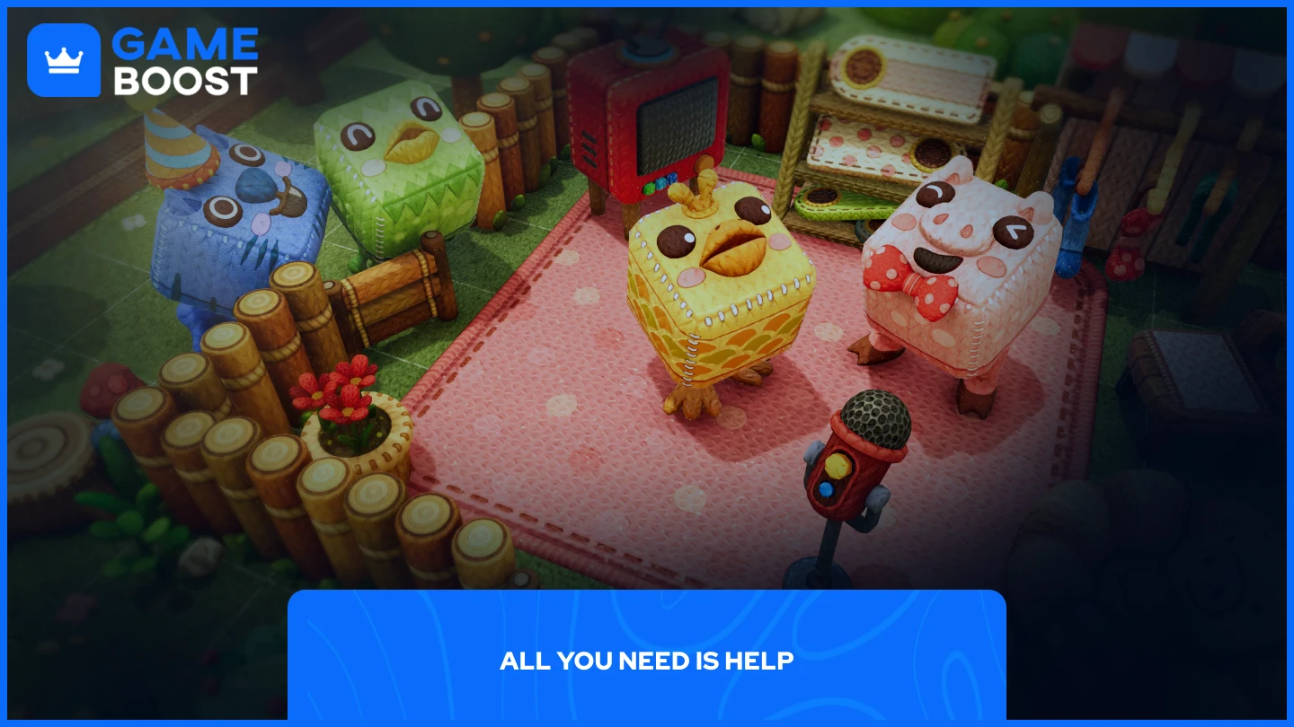 Colorful, plush-like animal characters with cube-shaped bodies gather on a pink carpet in a cozy