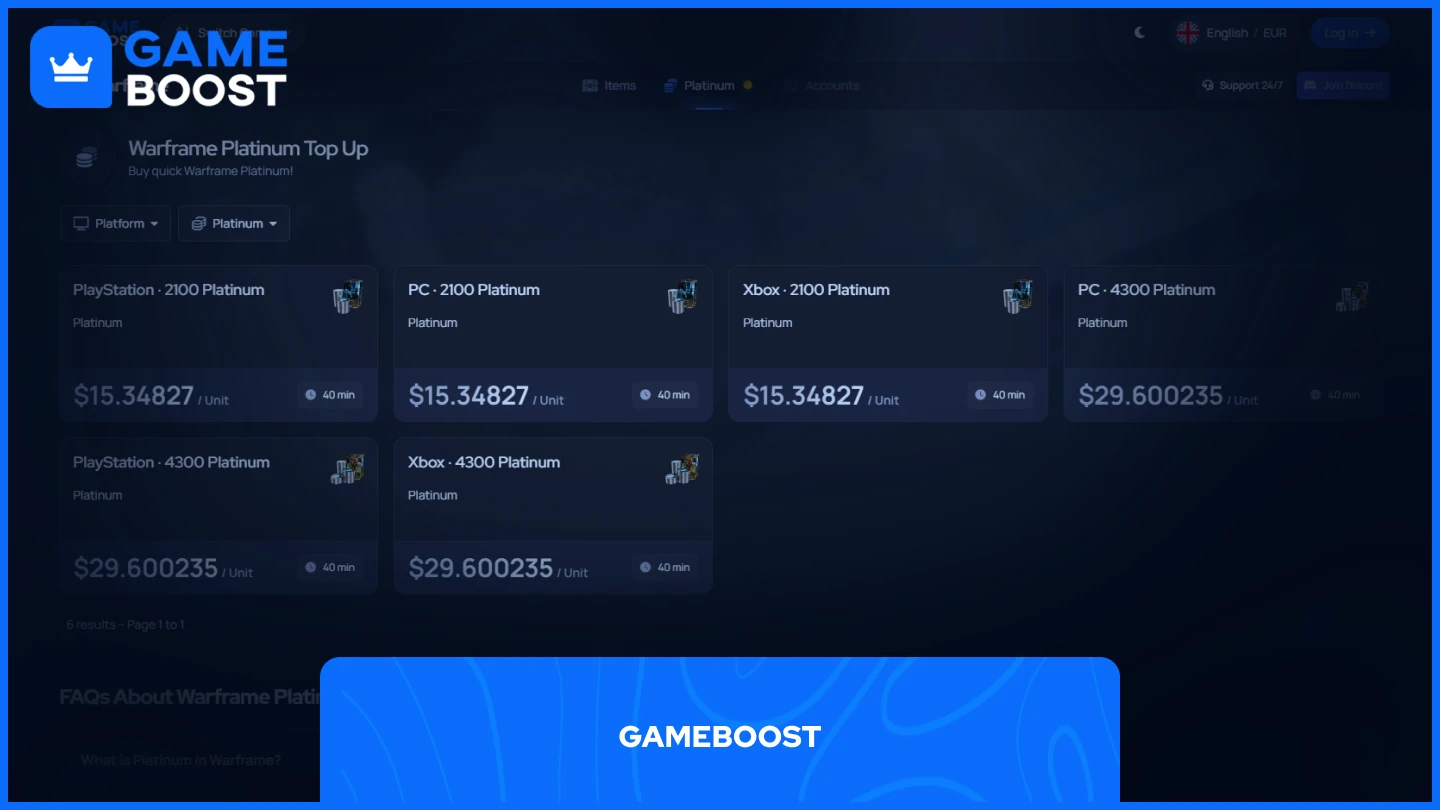 GameBoost warframe platinum product page