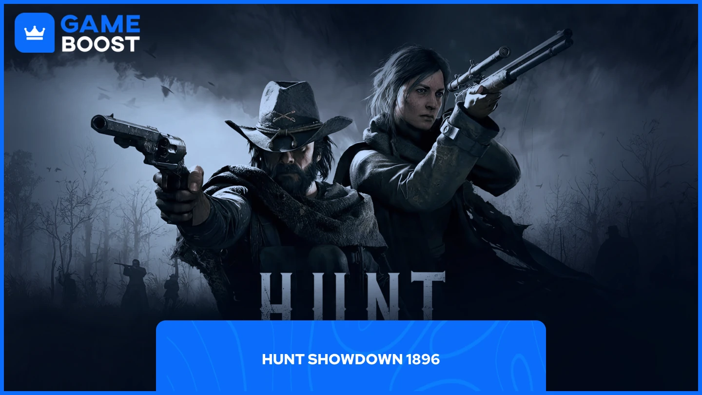Hunt: Showdown 1896 featuring two armed hunters aiming their weapons in a foggy, eerie swamp environment.