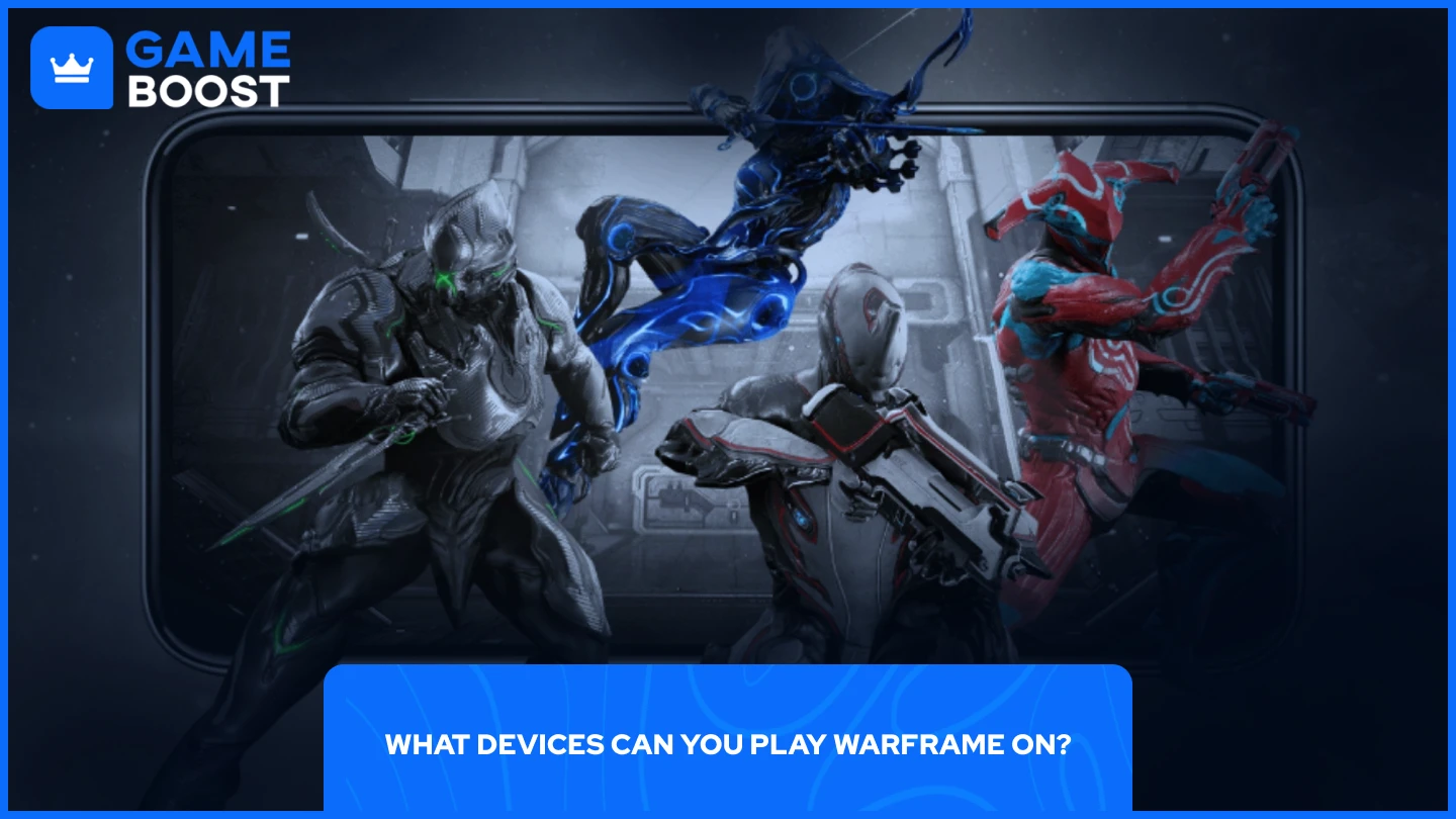 Warframe characters emerging from a mobile device