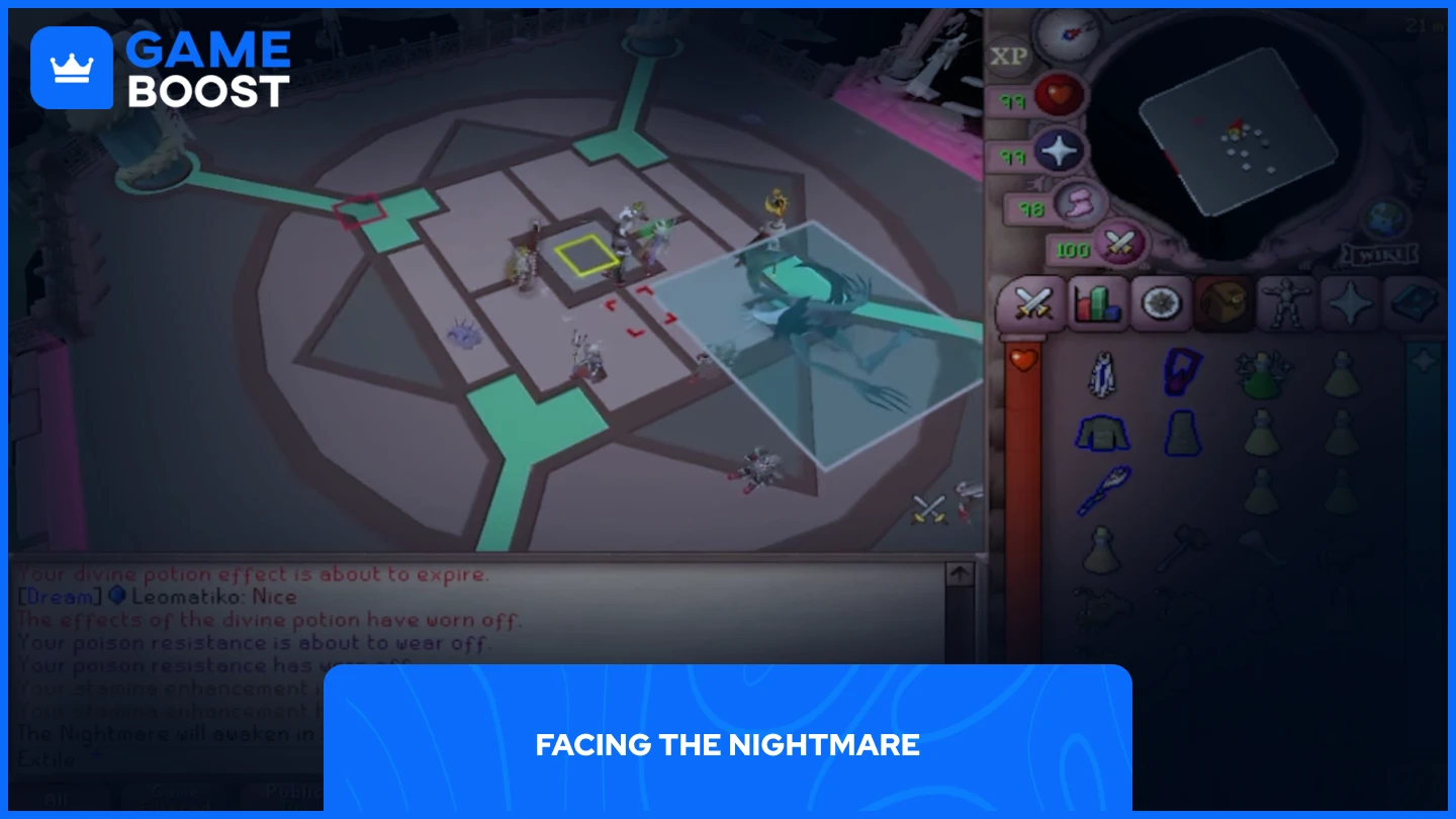 a picture of the nightmare lying on the ground with players around her