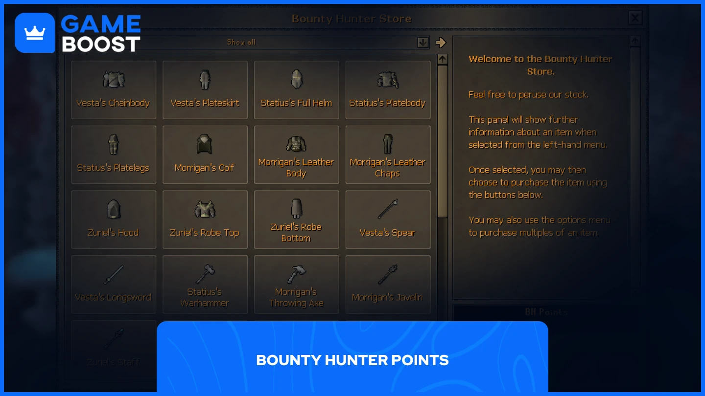 a picture for Bounty Hunter store featuring the available items for purchase