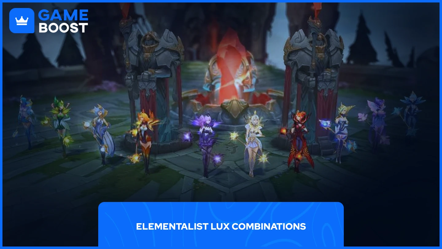 ein Bild der 10 Elementalist Lux Skins neben den Nexus-Türmen
