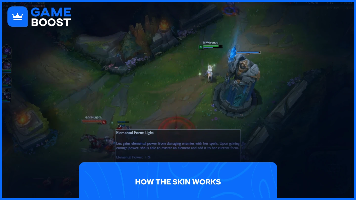 Ein Bild von Elementalist Lux, die in der Mid-Lane neben einem Verbündeten Turm steht