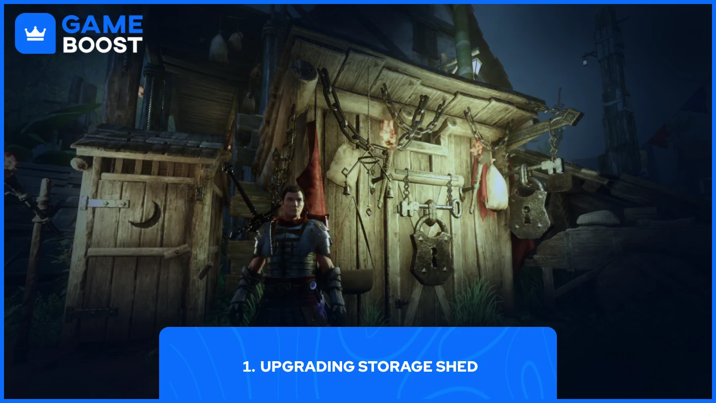 a picture of a player standing in front of a storage shed