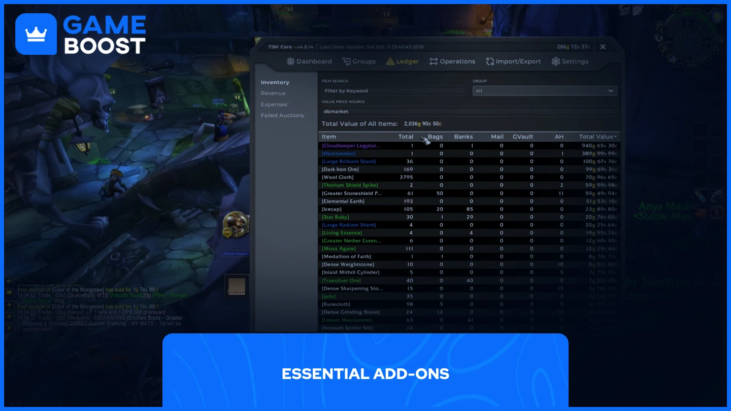 uma imagem de um jogador usando o complemento TradeSkillMaster no wow classic