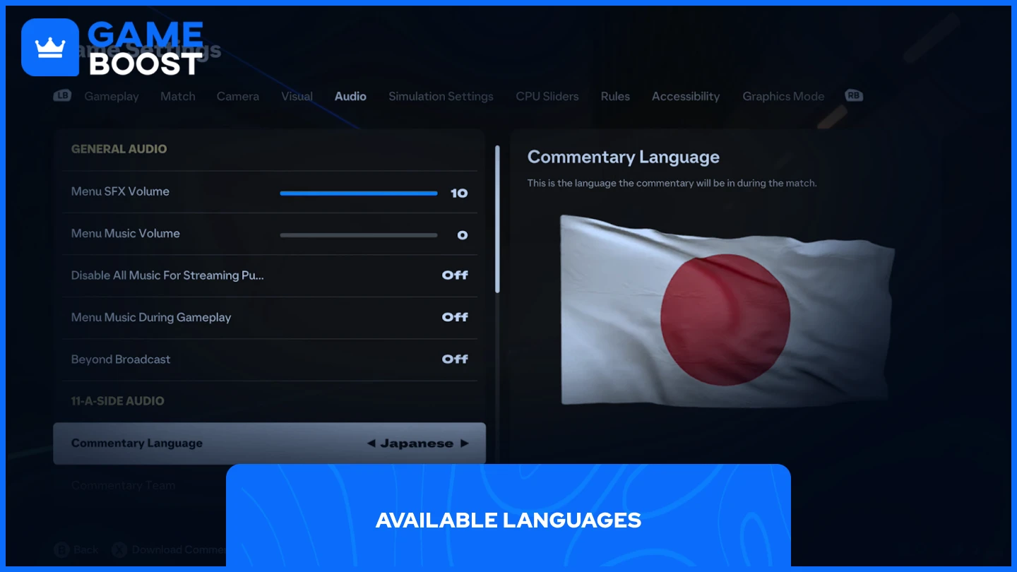 a picture of fc 25 Commentary Language settings featuring the Japanese language