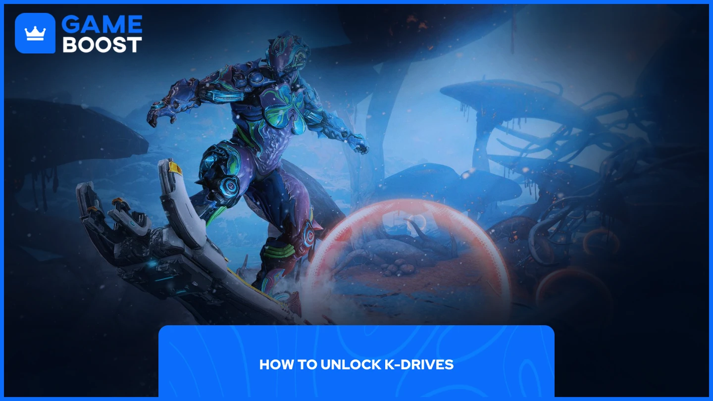 uma imagem de um personagem de Warframe em uma hoverboard