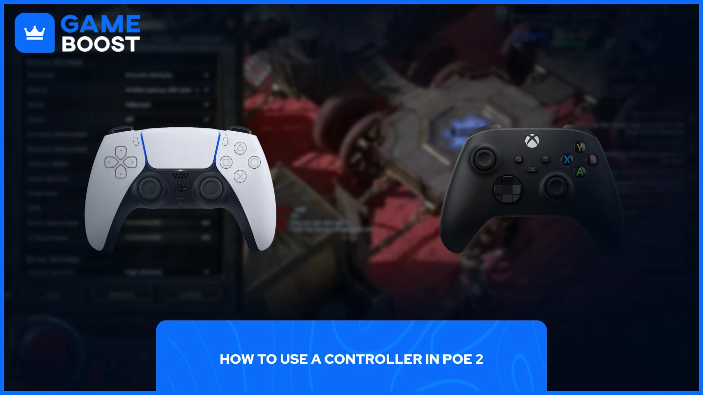 изображение контроллеров Xbox и PlayStation на фоне настроек PoE 2