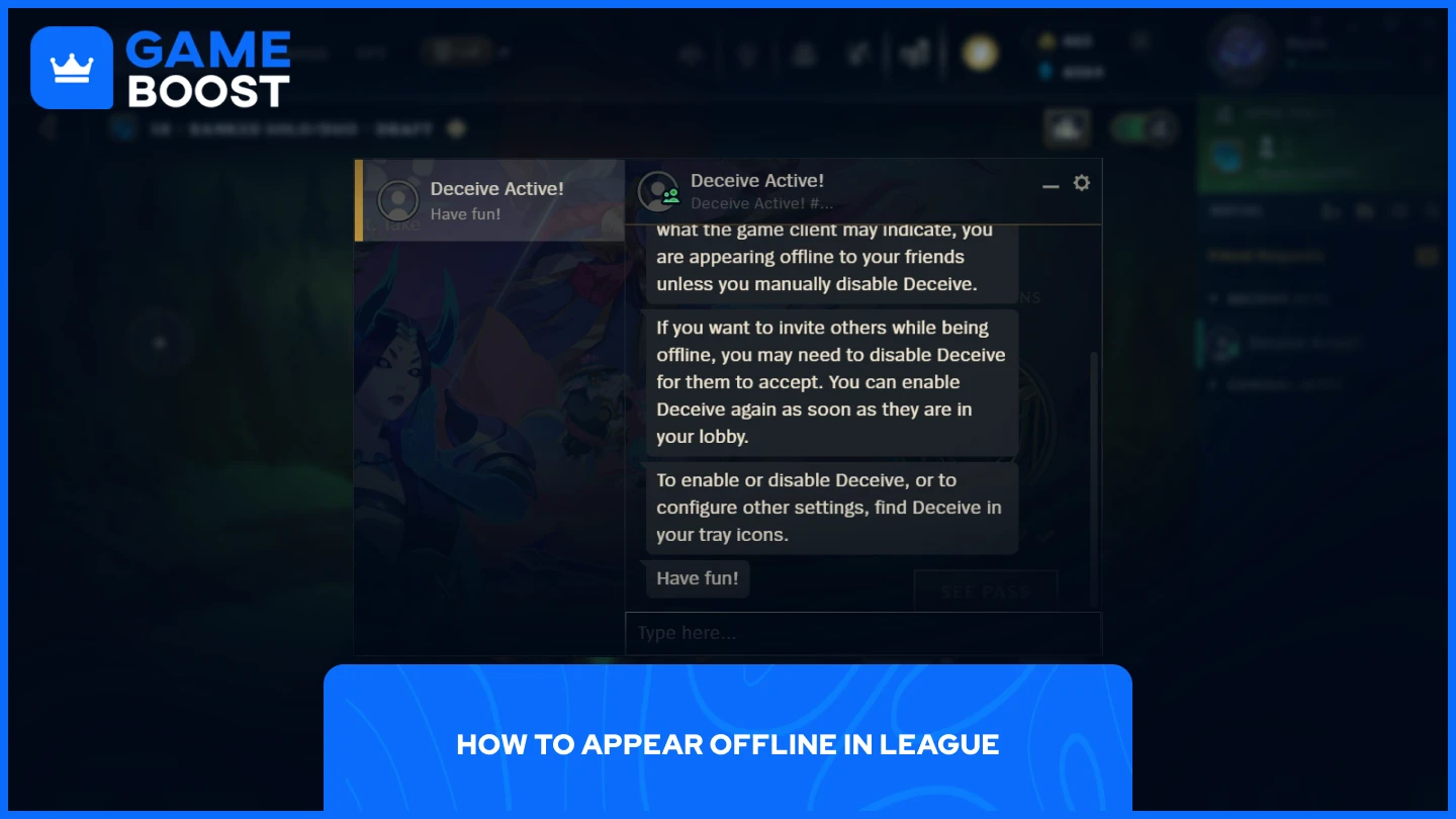 a picture of deceive running with league of legends client in the background