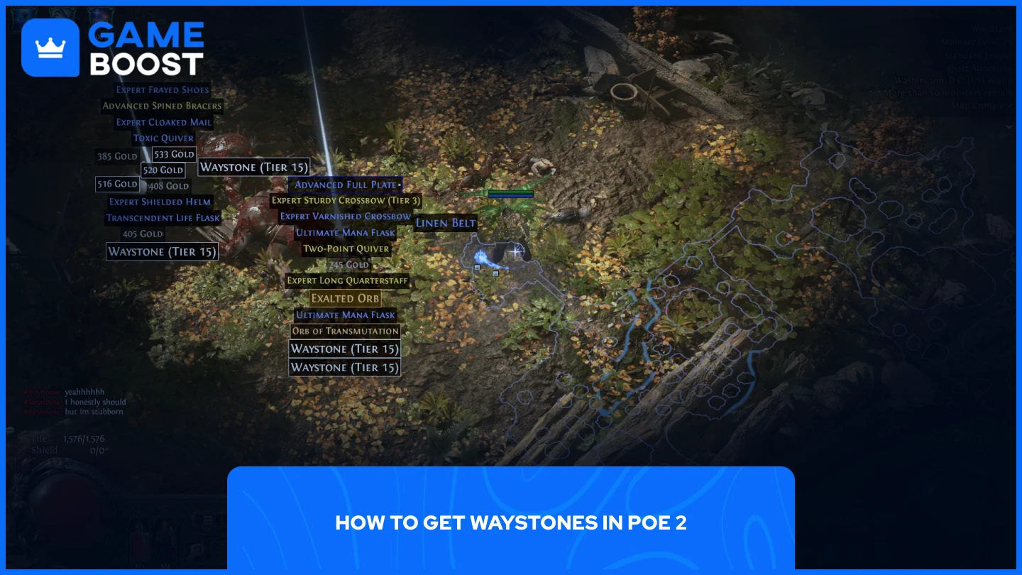 a picture of a player with multiple tier 15 waystones on the ground