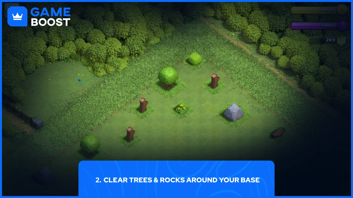 a picture of multiple trees, rocks, and bushes