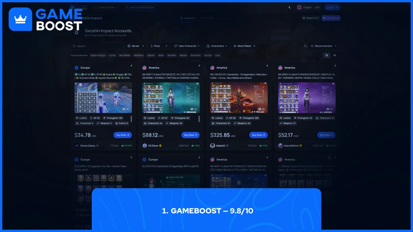 gameboost genshin impact accounts page