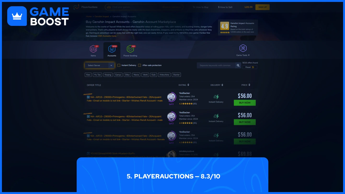 playerauctions genshin impact accounts page