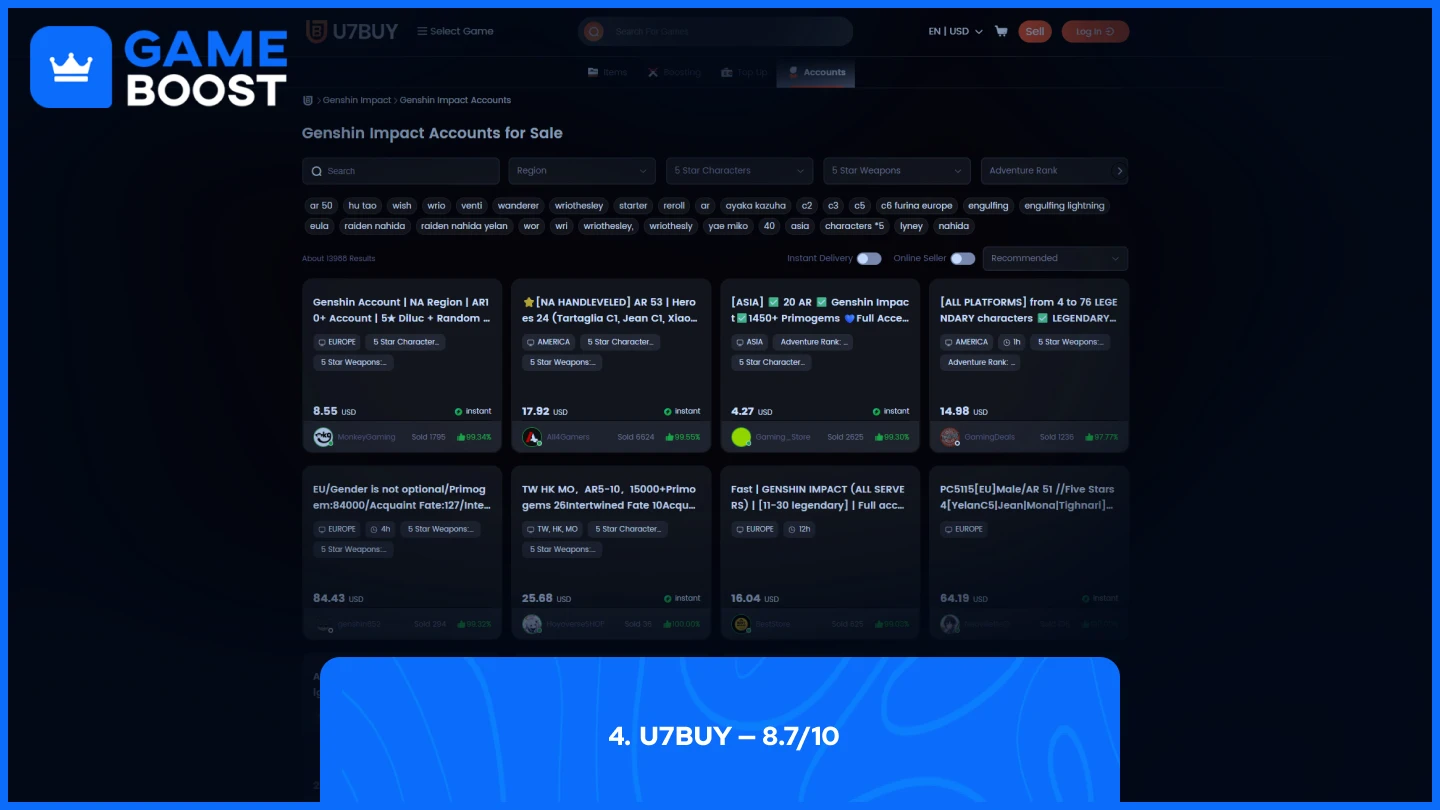u7buy genshin impacts accounts page