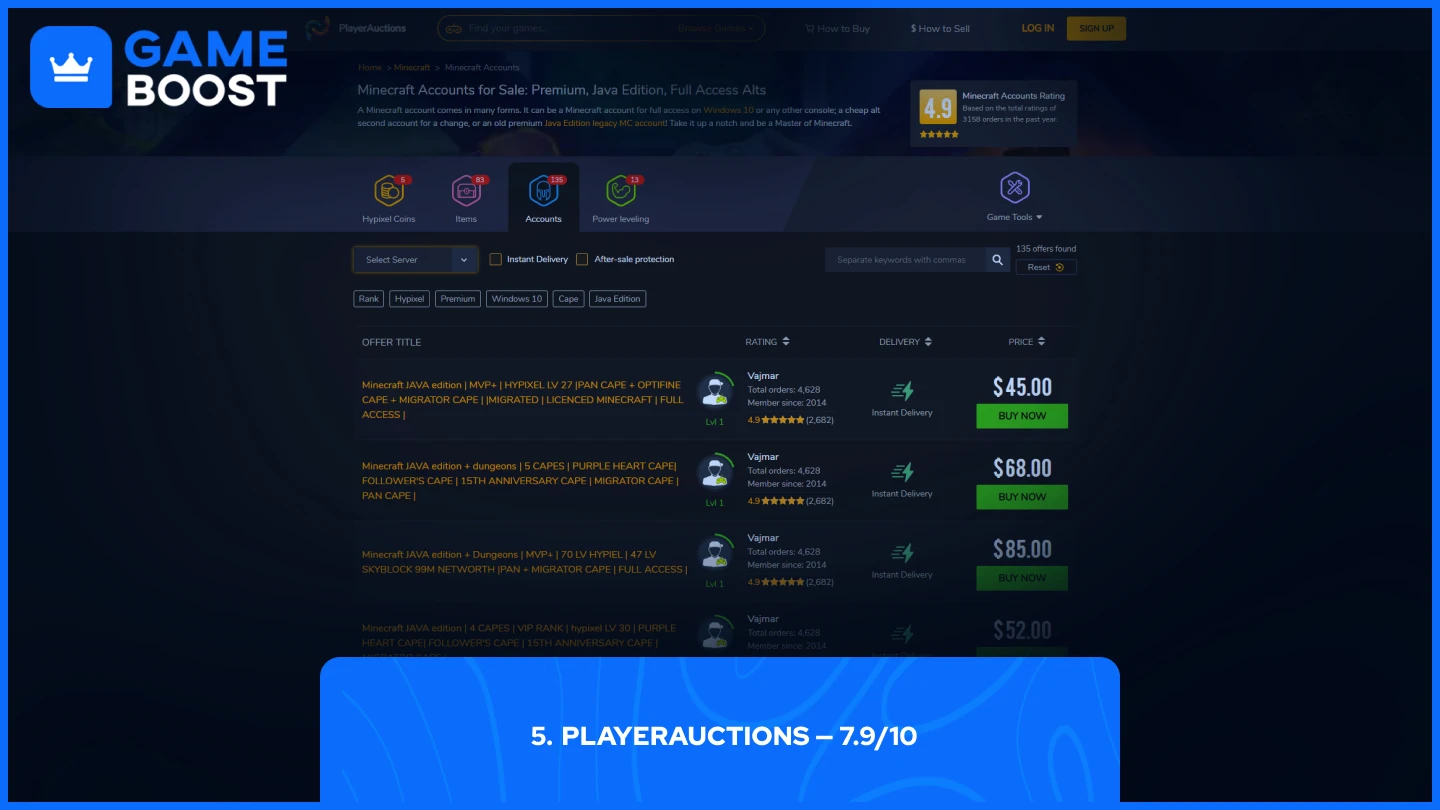 PlayerAuctions minecraft accounts page